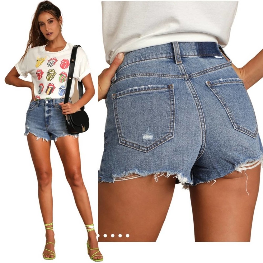 Lulus Daze Troublemaker Medium Wash Distressed High Rise Cutoff Shorts New 28